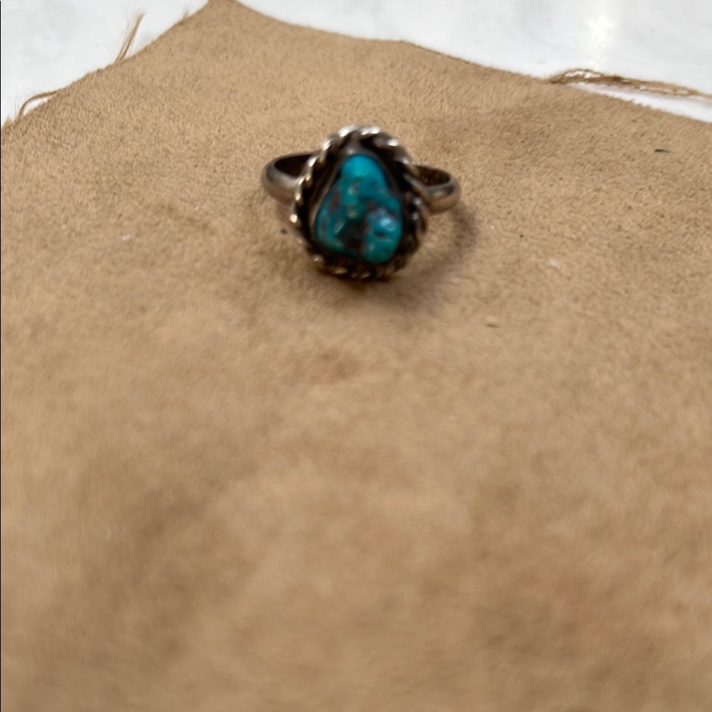 Silver Turquoise Ring with Ornate Design. Antique Native American Arizona 1972